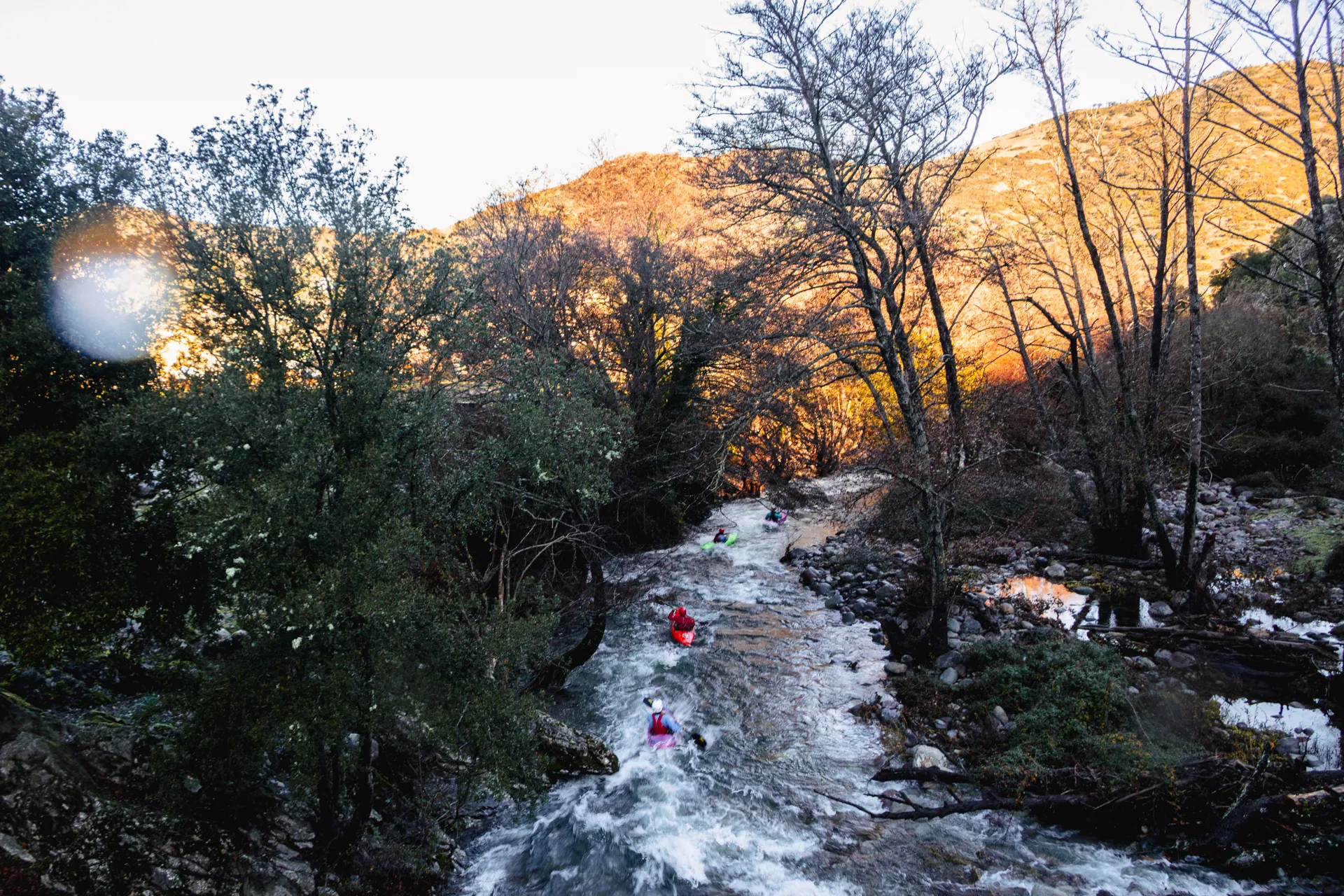 Schattiger Campinghain am Fluss bei Ernella Camping, Korsika zur goldenen Stunde